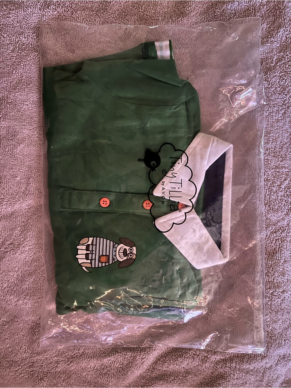 Avon Tiny Tillia Green Kids One-Piece with White Collar and Orange Buttons